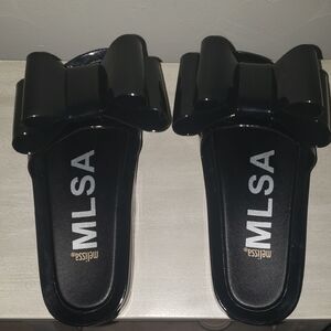 Melissa Women's Glossy Black Bow Beach Slides Womens Size 5